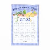 2024  Cat Tea Towel Calendar Blue Gingham Check