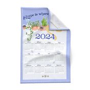 2024  Cat Tea Towel Calendar Blue Gingham Check