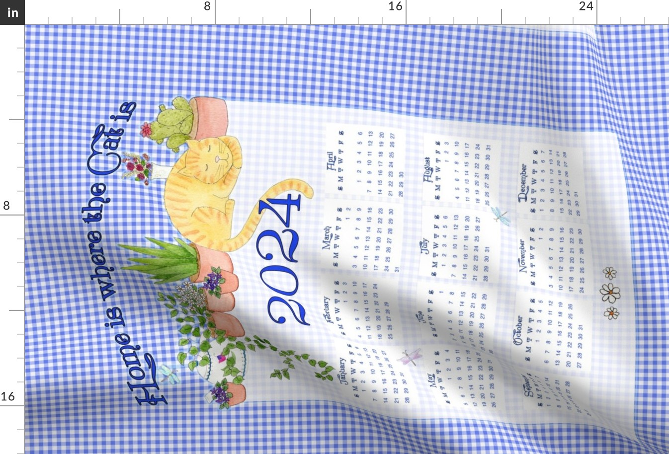 2024  Cat Tea Towel Calendar Blue Gingham Check