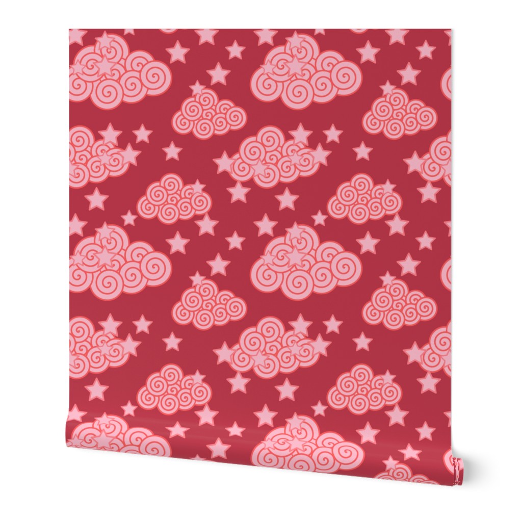 Spiral clouds and stars on red evoke playful dreams and whimsical tales.