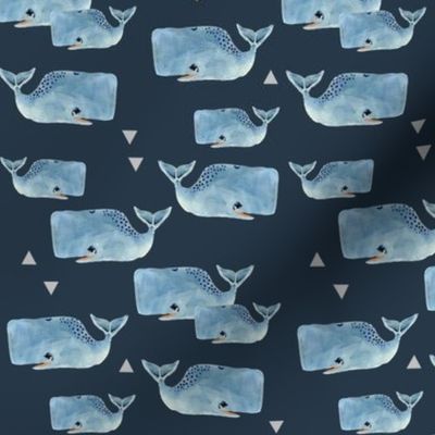 Smaller Whale Pod with Triangles on Navy