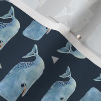 Smaller Whale Pod with Triangles on Navy