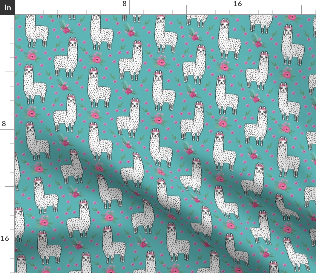 llama floral crown fabric // llamas, alpaca, animals, girls, baby, nursery, sweet animals by andrea lauren - teal