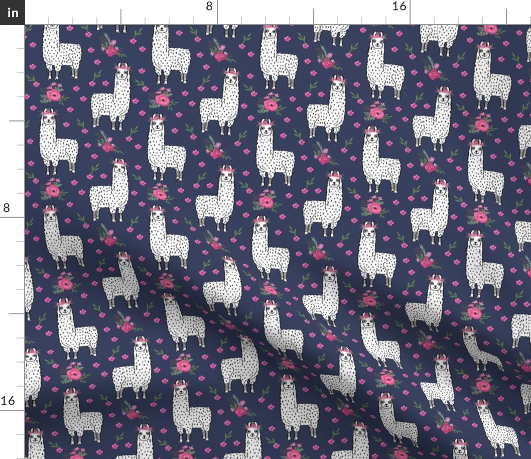 llama floral crown fabric // llamas, alpaca, animals, girls, baby, nursery, sweet animals by andrea lauren - navy