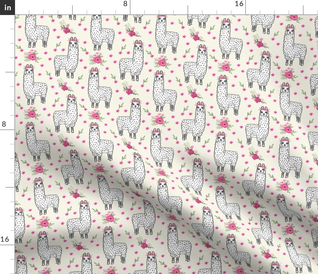 llama floral crown fabric // llamas, alpaca, animals, girls, baby, nursery, sweet animals by andrea lauren - cream