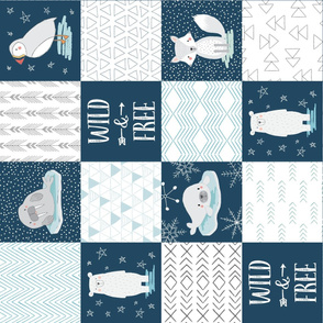 North Pole Wholecloth Cheater Quilt Rotated 90 degrees, Polar Bear, Walrus, Arctic Fox, Seal, Puffin, Wild and Free 