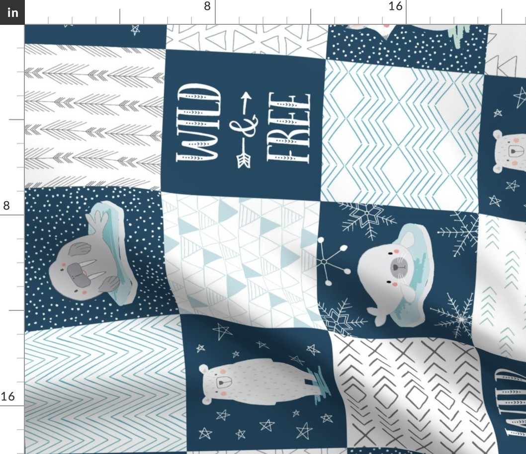North Pole Wholecloth Cheater Quilt Rotated 90 degrees, Polar Bear, Walrus, Arctic Fox, Seal, Puffin, Wild and Free 