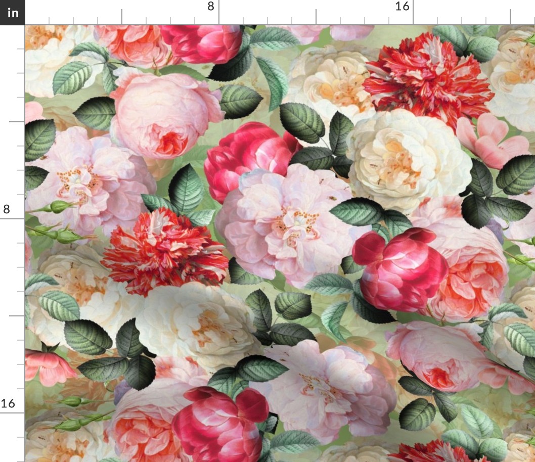  Vintage Summer  Romanticism:  Maximalism Moody Florals- Antiqued Pink And White Jan Davidsz. de Heem Roses Bouquets With Fern Leaves Nostalgic - Gothic Mystic Night-  Antique Botany Wallpaper and Victorian Goth Mystic inspired - Green backgroun