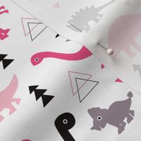 Adorable dino girls fabric with black and pink dinosaur geometric triangles and funky animal illustration theme for kids medium