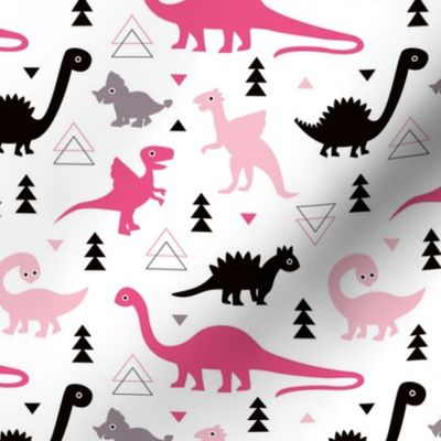 Adorable dino girls fabric with black and pink dinosaur geometric triangles and funky animal illustration theme for kids medium