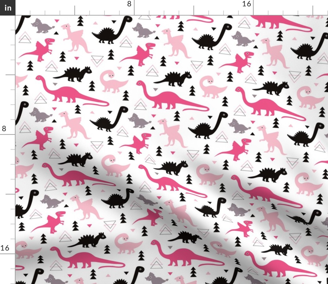 Adorable dino girls fabric with black and pink dinosaur geometric triangles and funky animal illustration theme for kids medium