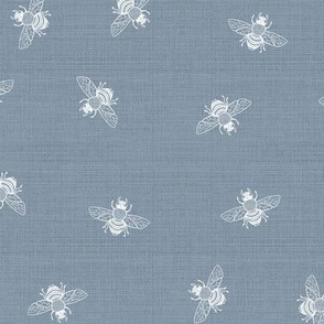 Ditsy Bees White on Blue Grey Linen