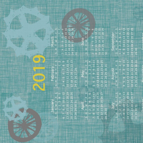 2019 Calendar Tea Towel Bikes Cycling Turquoise and Yellow