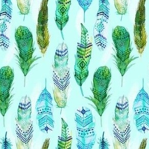 Teal and Green Watercolor Feathers 