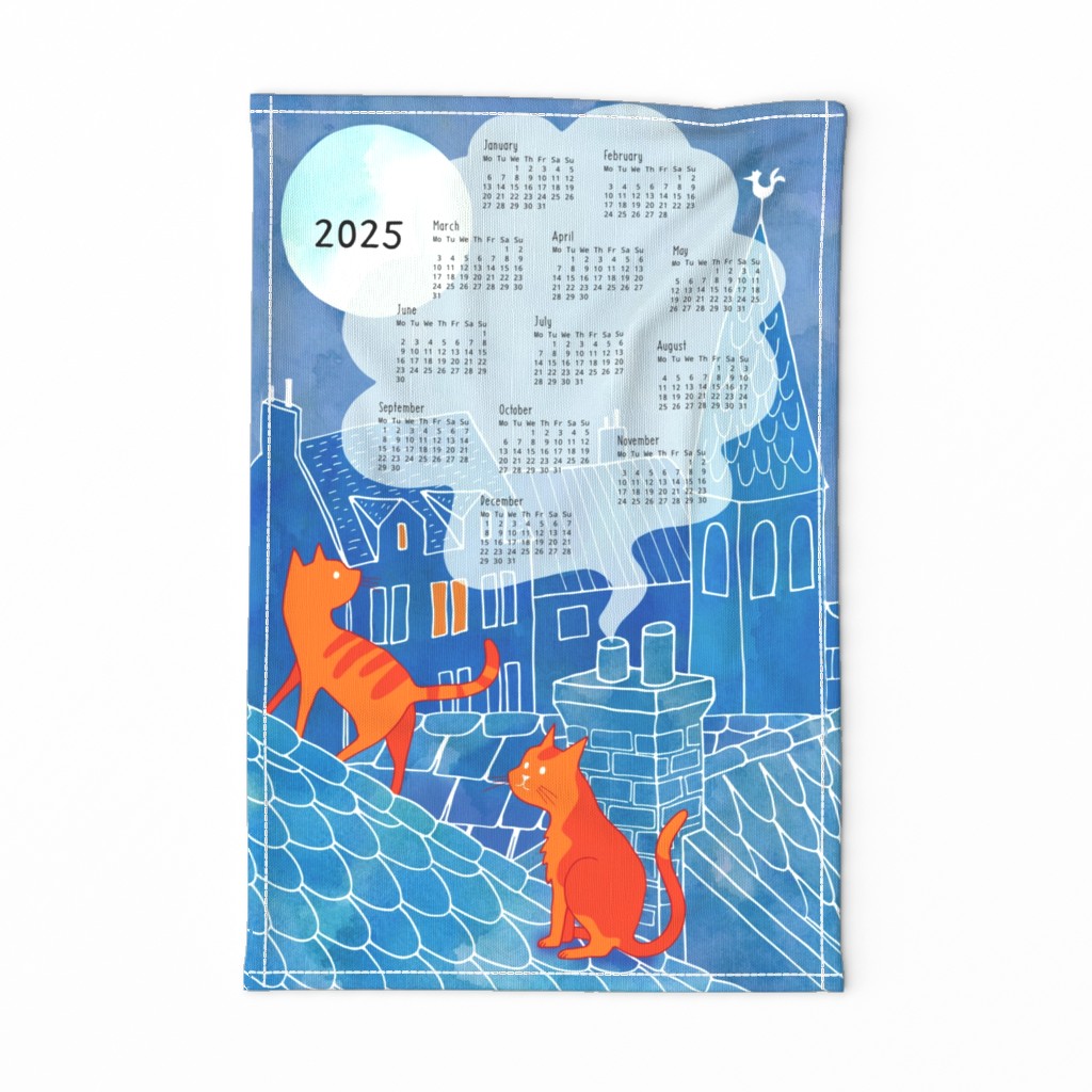 Cats city rooftop tea towel calendar 2024