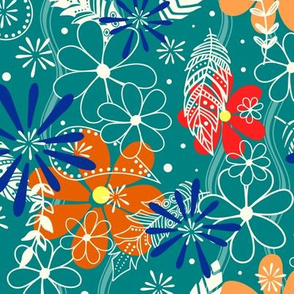 doodle feathers flowers & paislies teal