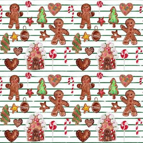 4" Gingerbread Christmas Green and White Stripes