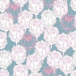 Protea Block Print French Blue and Pink-01