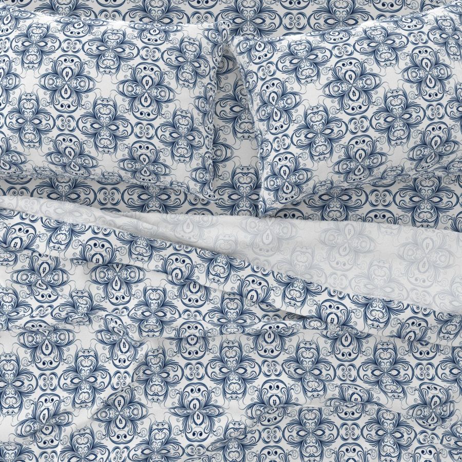 Damask Navy Blue 1920 Pattern on White