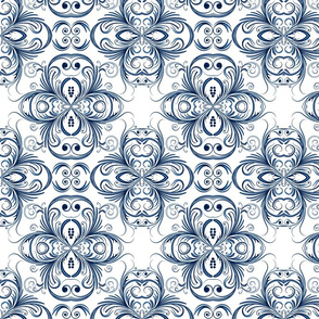 Damask Navy Blue 1920 Pattern on White