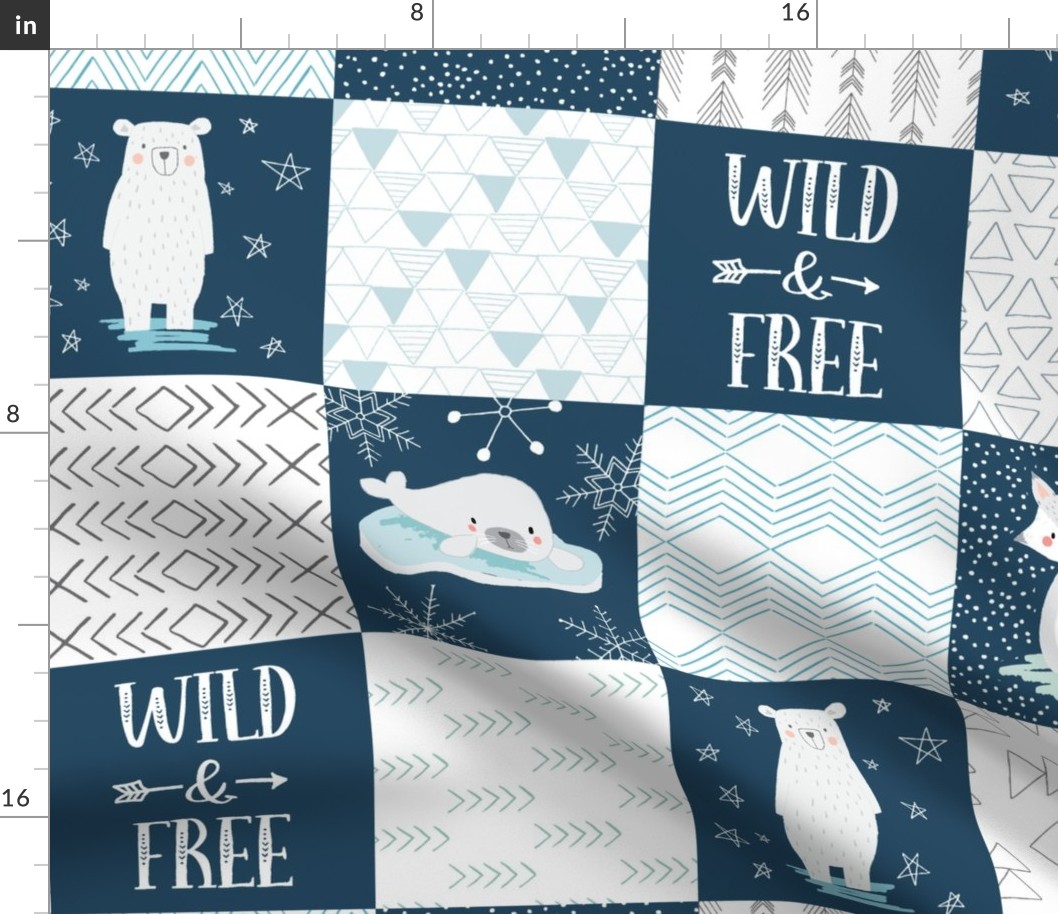 North Pole Wholecloth Cheater Quilt, Polar Bear, Walrus, Arctic Fox, Seal, Puffin, Wild and Free 