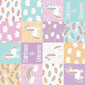 Rainbows and Unicorns Wholecloth cheater quilt rotated 90 degrees, Baby quilt,  crib sheet, baby blanket, baby nursery, cute nursery design 6 inch squares