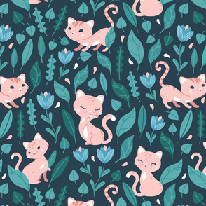 Oh Hello Cats - dark green blue coral