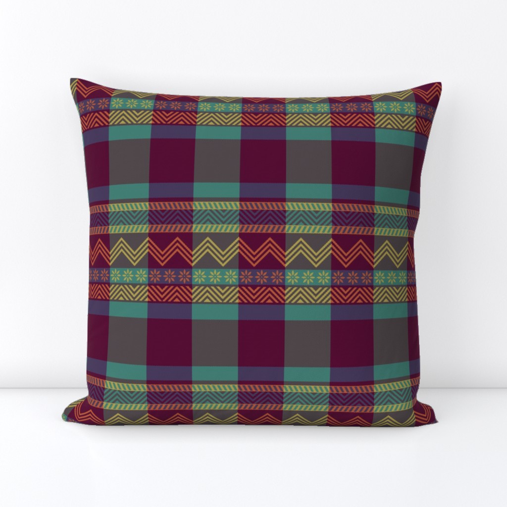 Ornamental zigzag stripe -  stripe - herringbone pattern - Tyrian purple, teal, yellow, brown