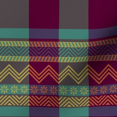 Ornamental zigzag stripe -  stripe - herringbone pattern - Tyrian purple, teal, yellow, brown
