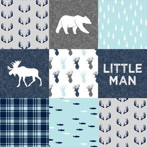 Little Man - woodland moose bear fishing patchwork fabric (baby blue) 