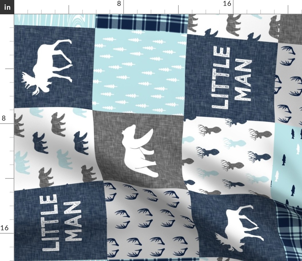 Little Man - woodland moose bear fishing patchwork fabric (baby blue)  (90)