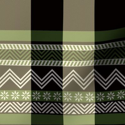 Ornamental zigzag stripe - herringbone pattern - olive, black, cream and white