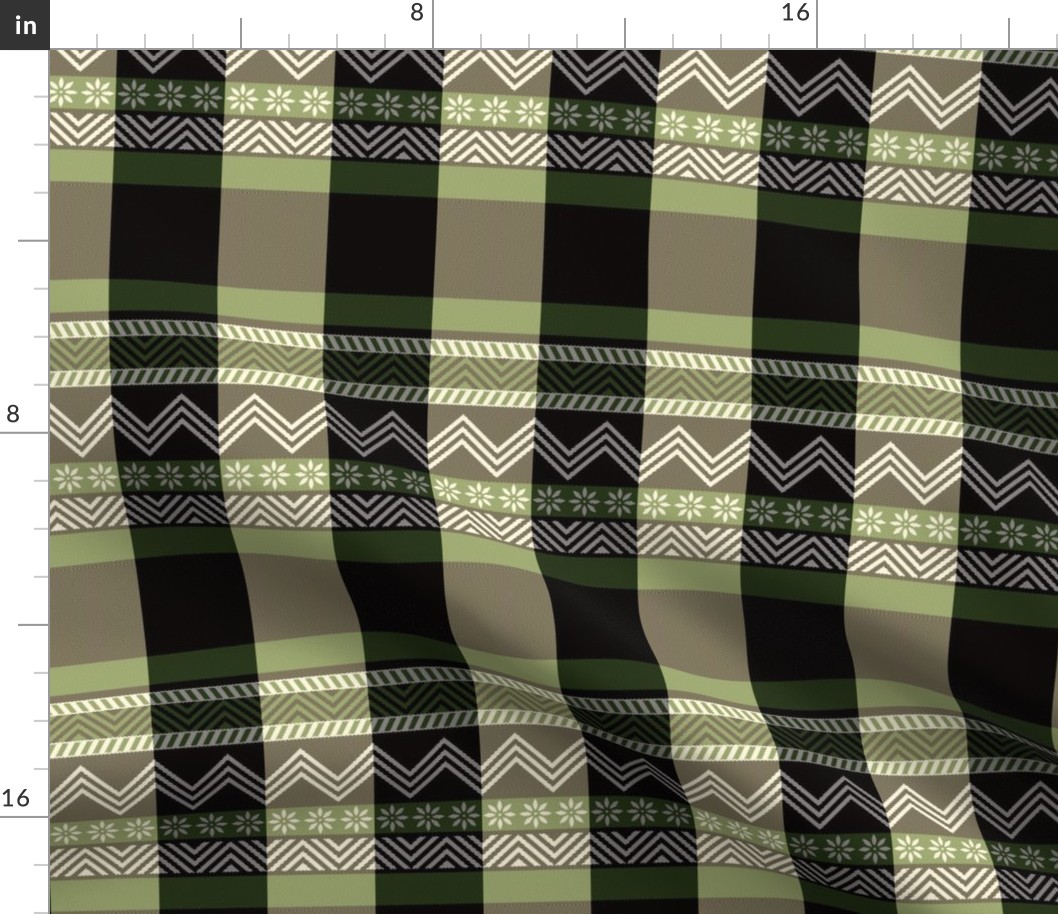 Ornamental zigzag stripe - herringbone pattern - olive, black, cream and white