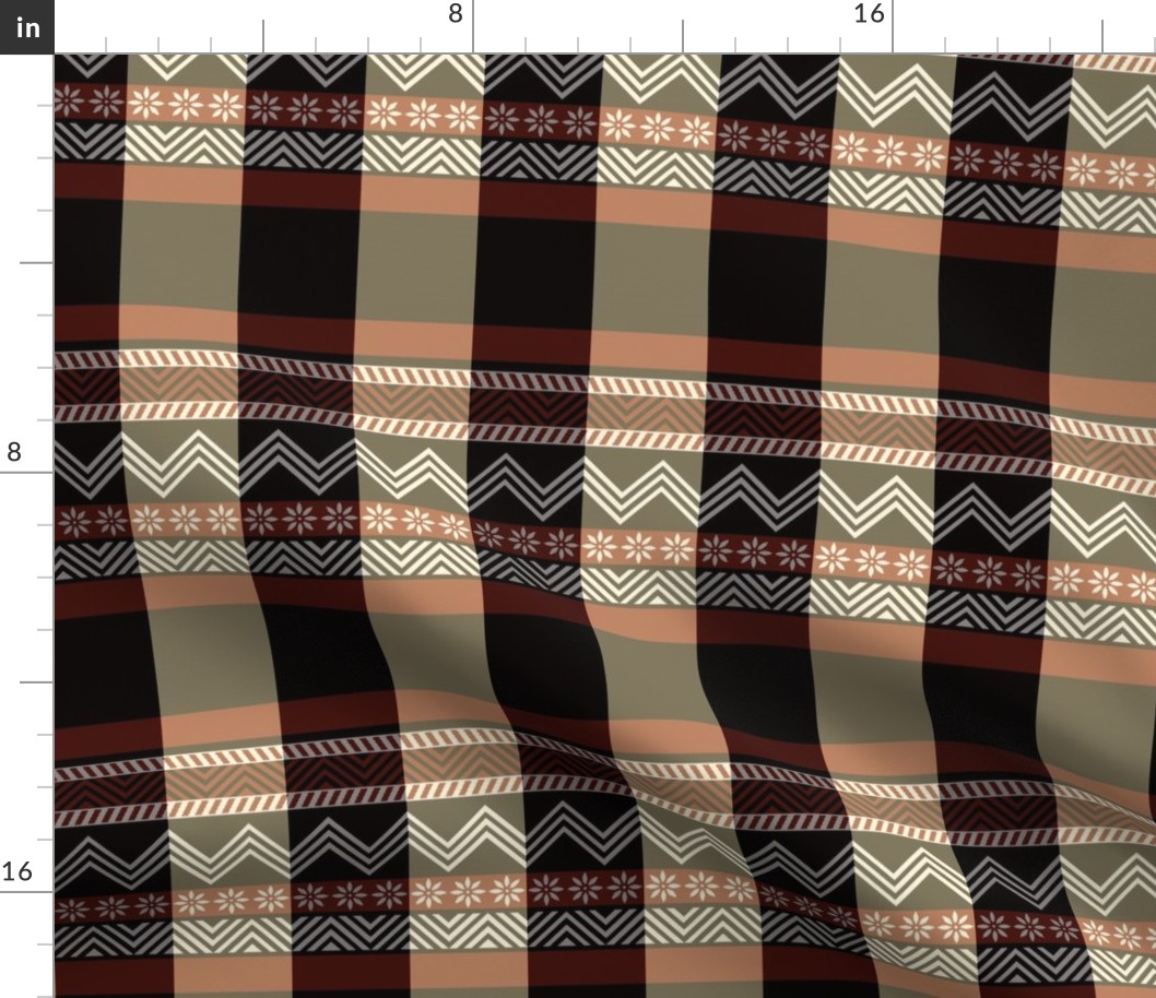 Ornamental zigzag stripe - plain weave red, black, cream and white 