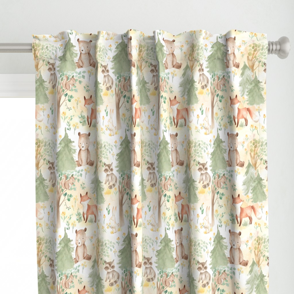 12" Woodland Animals - Baby Animal in Autumn Forest neutral light background Nursery Fabric,  Baby Girl, Kids Room, Decor, Wallpaper 