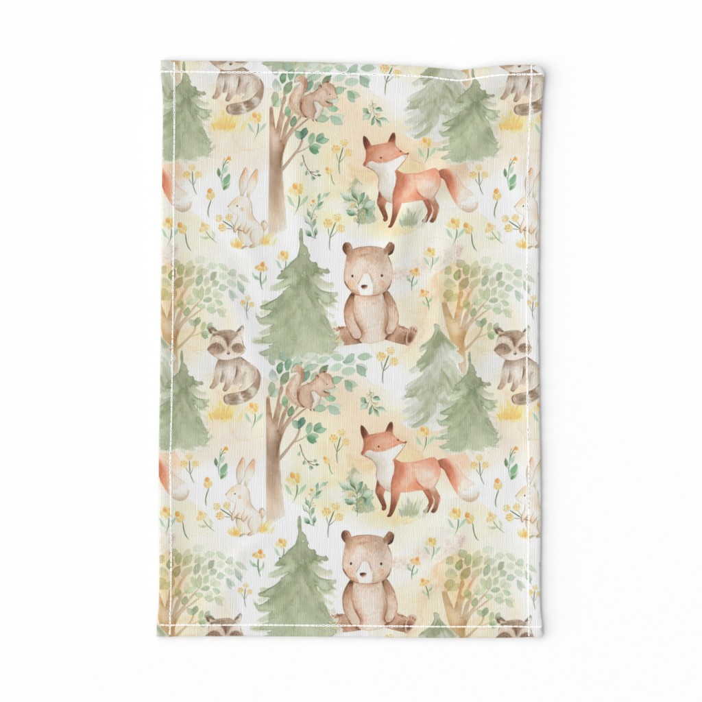 12" Woodland Animals - Baby Animal in Autumn Forest neutral light background Nursery Fabric,  Baby Girl, Kids Room, Decor, Wallpaper 