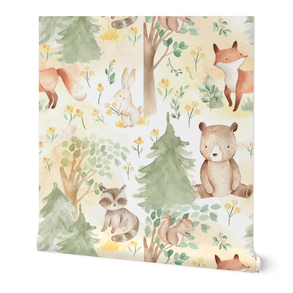 12" Woodland Animals - Baby Animal in Autumn Forest neutral light background Nursery Fabric,  Baby Girl, Kids Room, Decor, Wallpaper 