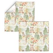 12" Woodland Animals - Baby Animal in Autumn Forest neutral light background Nursery Fabric,  Baby Girl, Kids Room, Decor, Wallpaper 