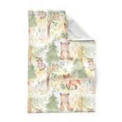 12" Woodland Animals - Baby Animal in Autumn Forest neutral light background Nursery Fabric,  Baby Girl, Kids Room, Decor, Wallpaper 