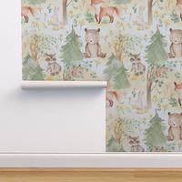 12" Woodland Animals - Baby Animal in Autumn Forest neutral light background Nursery Fabric,  Baby Girl, Kids Room, Decor, Wallpaper 