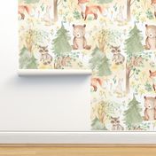 12" Woodland Animals - Baby Animal in Autumn Forest neutral light background Nursery Fabric,  Baby Girl, Kids Room, Decor, Wallpaper 