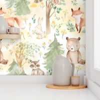 12" Woodland Animals - Baby Animal in Autumn Forest neutral light background Nursery Fabric,  Baby Girl, Kids Room, Decor, Wallpaper 