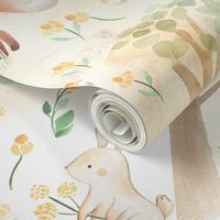 12" Woodland Animals - Baby Animal in Autumn Forest neutral light background Nursery Fabric,  Baby Girl, Kids Room, Decor, Wallpaper 