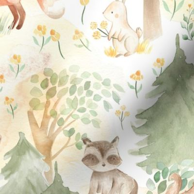 12" Woodland Animals - Baby Animal in Autumn Forest neutral light background Nursery Fabric,  Baby Girl, Kids Room, Decor, Wallpaper 