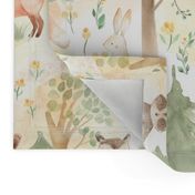 12" Woodland Animals - Baby Animal in Autumn Forest neutral light background Nursery Fabric,  Baby Girl, Kids Room, Decor, Wallpaper 