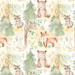 12" Woodland Animals - Baby Animals in Autumn Forest neutral light background Nursery Fabric, Baby Girl Fabric, Kids Room, Kids Decor, Wallpaper EditorsPicksNeutralNursery