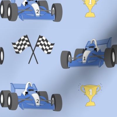 Race cars with trophy