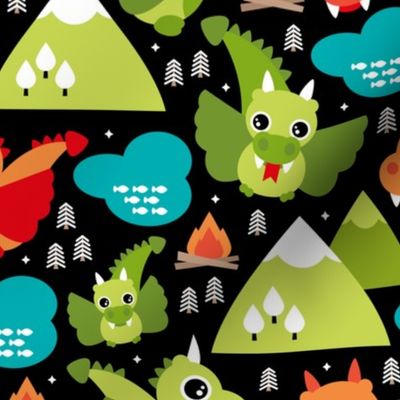 Cute baby dragon fantasy woodland for kids orange green mountains illustration print