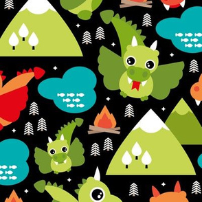 Cute baby dragon fantasy woodland for kids orange green mountains illustration print