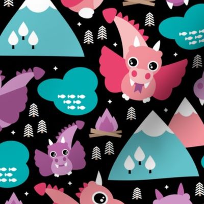 Cute baby dragon fantasy woodland for girls pink purple mountains illustration print